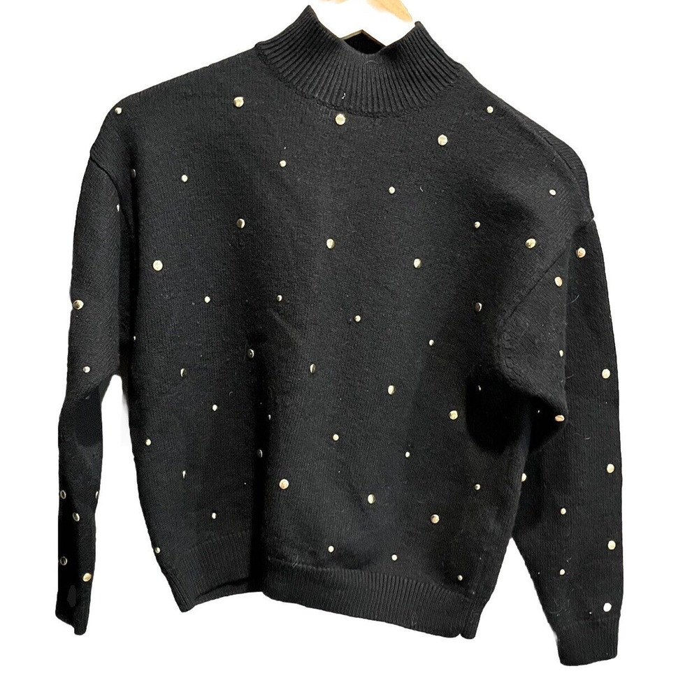 La Maille Sezane Black‎ Mock Neck 100% Wool Women's Sweater Size S Gold Accents